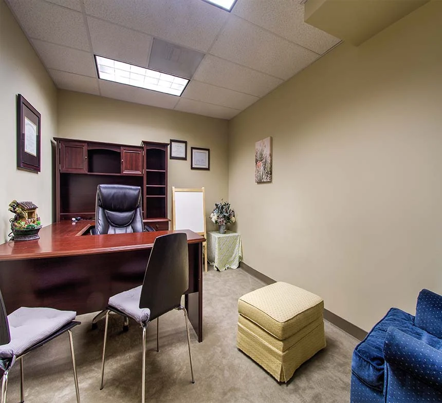 Traditional spacious furnished office with dark wood desk and shelving.
